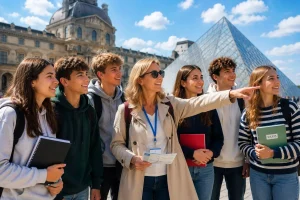 Gruppo-di-studenti-in-viaggio-studio-erasmus-con-insegnante-di-lingue-a-Parigi